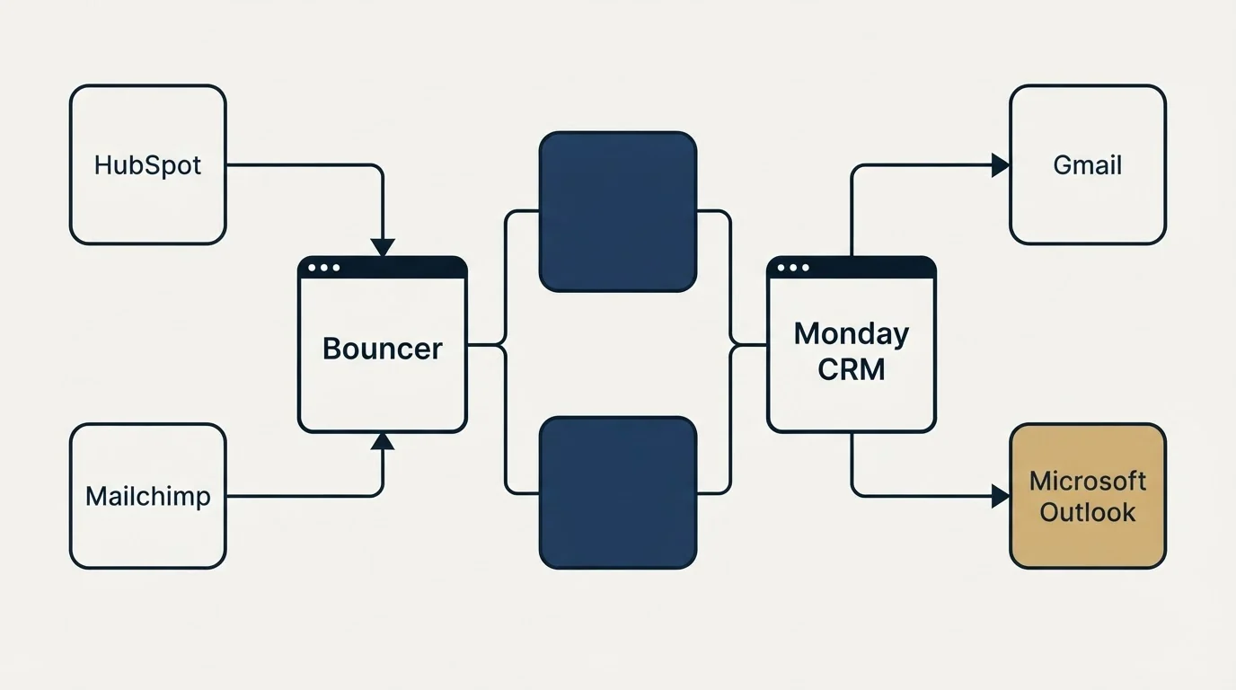 Integration flow: Integration Ecosystem (Bouncer, Monday CRM, HubSpot, Gmail)
