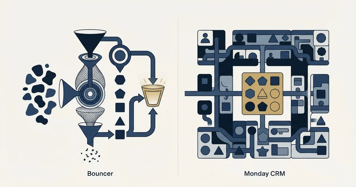Editorial illustration for Bouncer vs Monday CRM