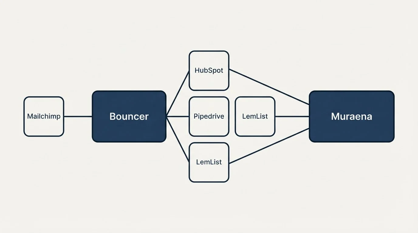 Integration schematic: Integration Ecosystem (Bouncer, Muraena, HubSpot, Pipedrive)