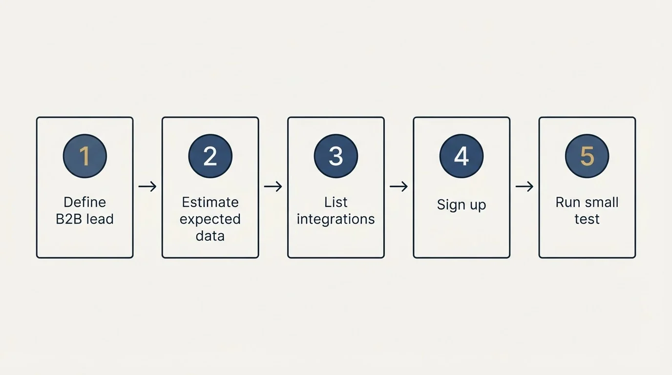 Step sequence: Getting Started Checklist (Define B2B lead, Estimate expected data, List integrations, Sign up)
