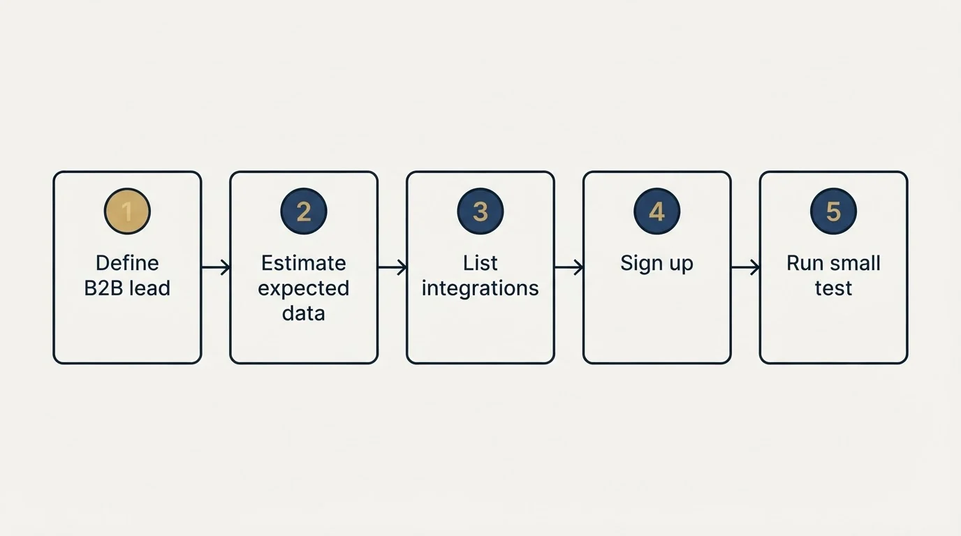 Step sequence: Getting Started Checklist (Define B2B lead, Estimate expected data, List integrations, Sign up)