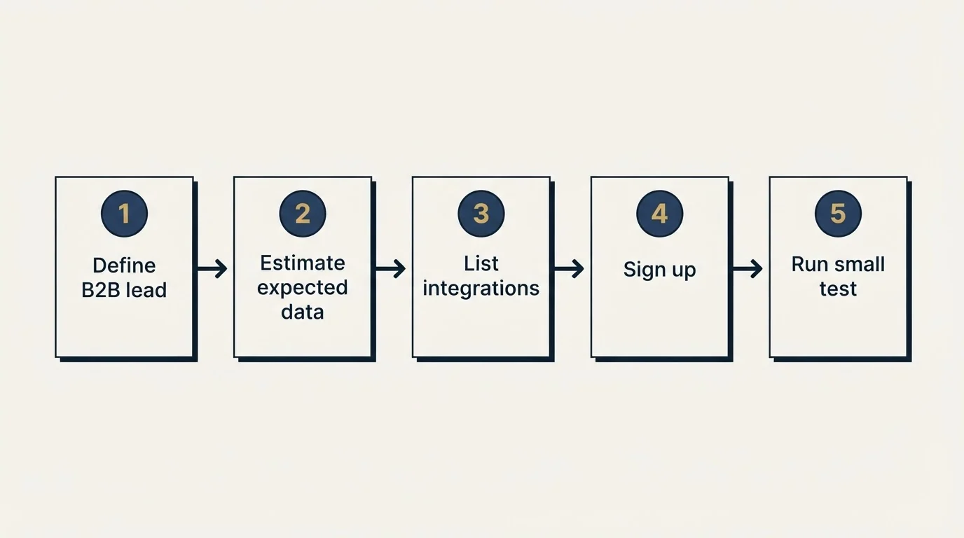 Step sequence: Getting Started Checklist (Define B2B lead, Estimate expected data, List integrations, Sign up)