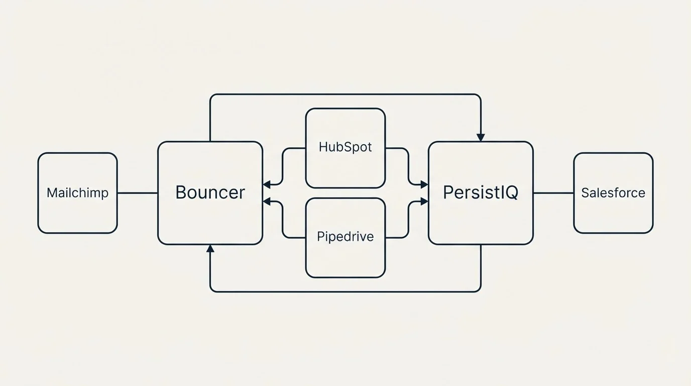 Integration schematic: Integration Ecosystem (Bouncer, PersistIQ, HubSpot, Pipedrive)