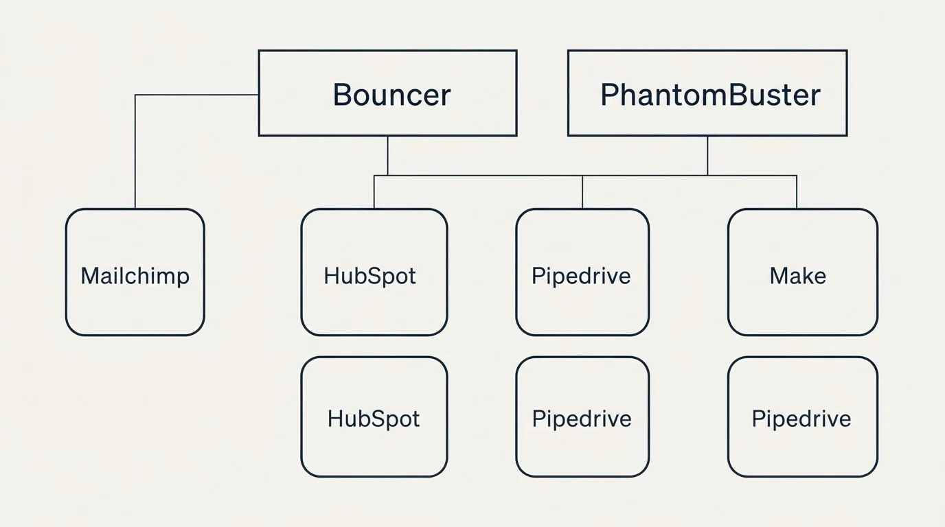 Integration grid: Integration Ecosystem (Bouncer, PhantomBuster, HubSpot, Pipedrive)