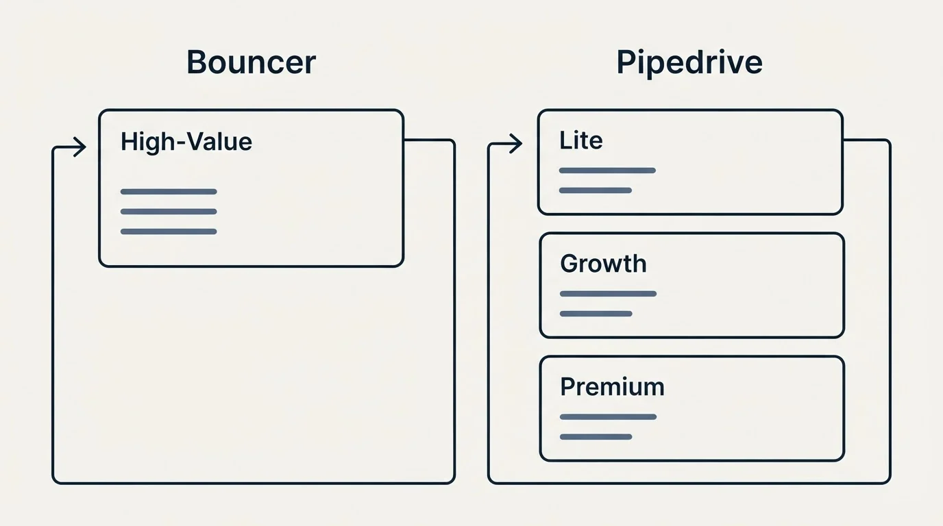 Pricing panels: Pricing Comparison (Bouncer, Pipedrive, High-Value, Lite)
