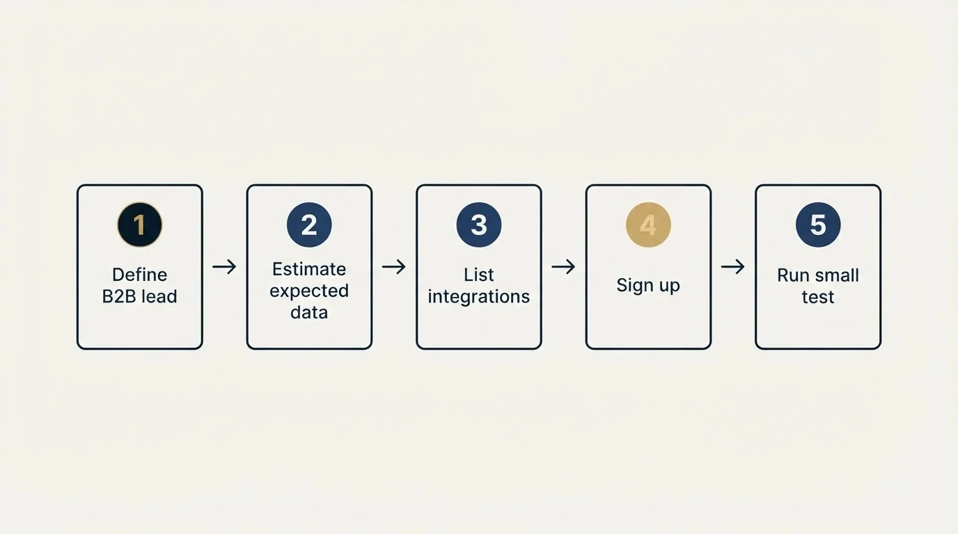 Step sequence: Getting Started Checklist (Define B2B lead, Estimate expected data, List integrations, Sign up)