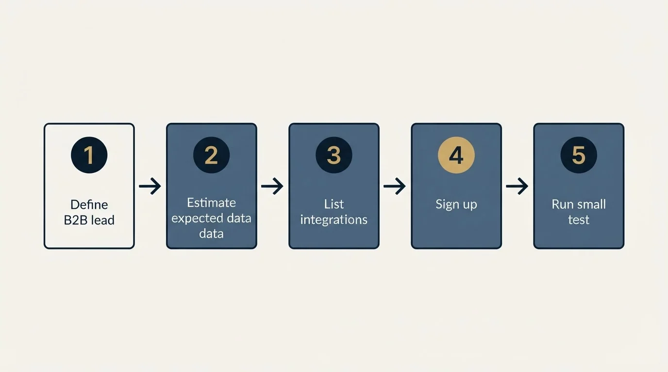Step sequence: Getting Started Checklist (Define B2B lead, Estimate expected data, List integrations, Sign up)