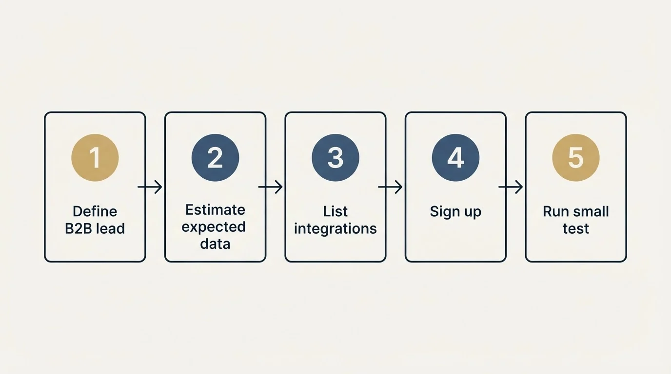 Step sequence: Getting Started Checklist (Define B2B lead, Estimate expected data, List integrations, Sign up)
