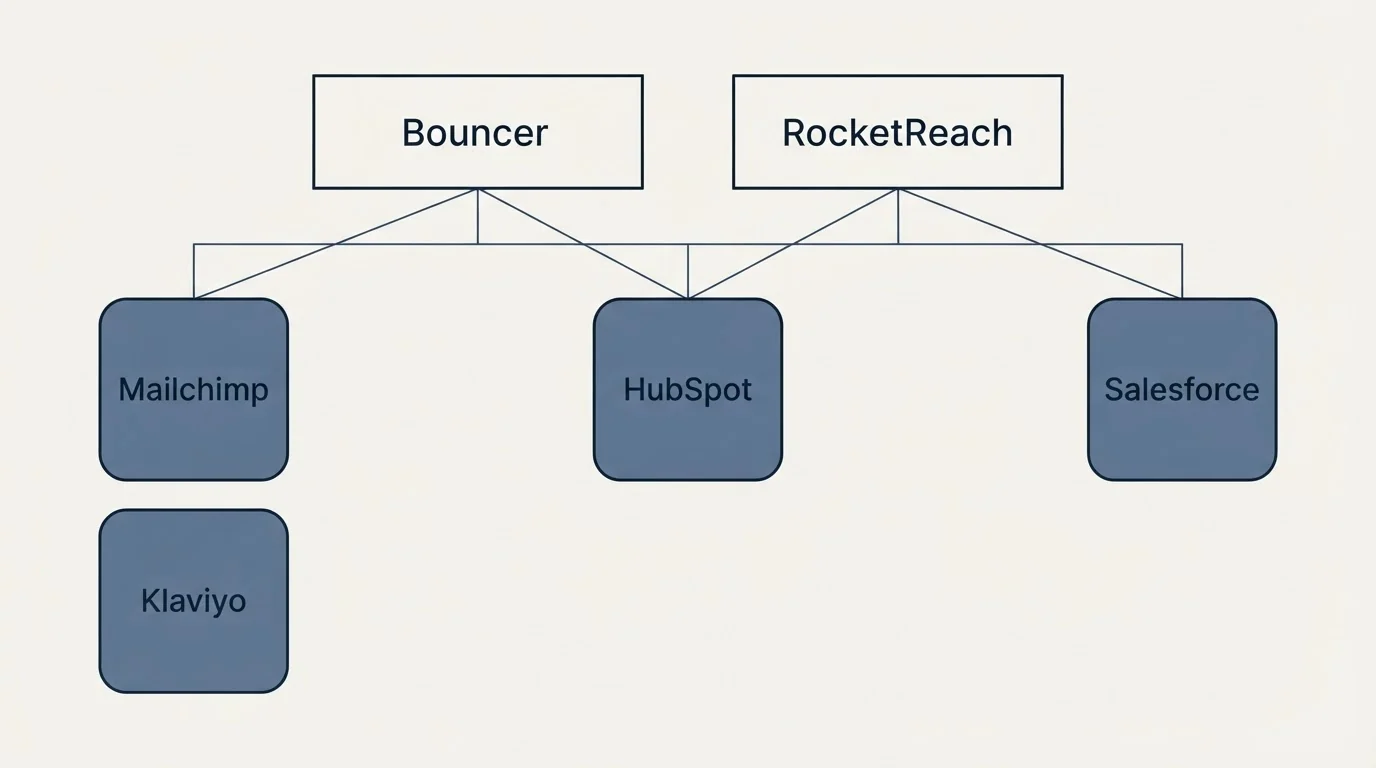 Integration grid: Integration Ecosystem (Bouncer, RocketReach, HubSpot, Mailchimp)