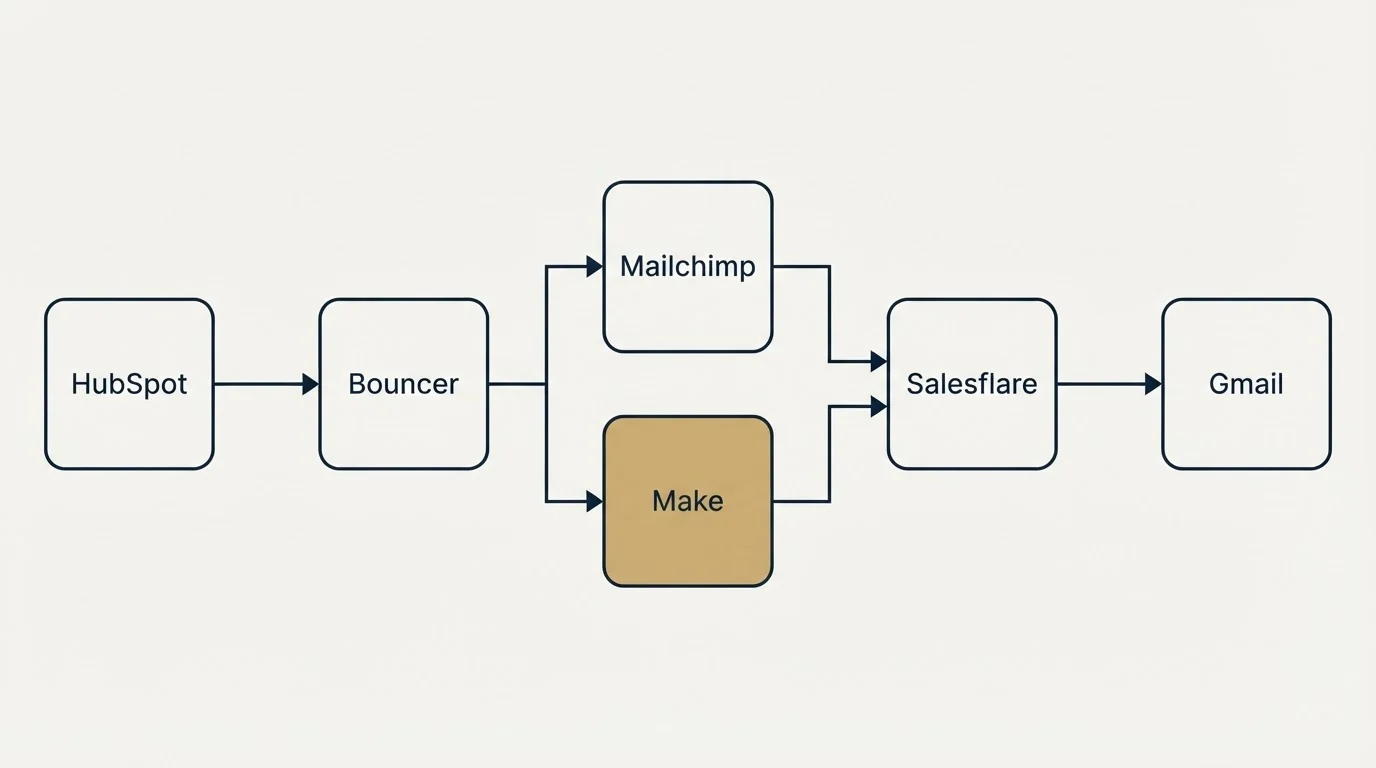 Integration flow: Integration Ecosystem (Bouncer, Salesflare, Mailchimp, Make)