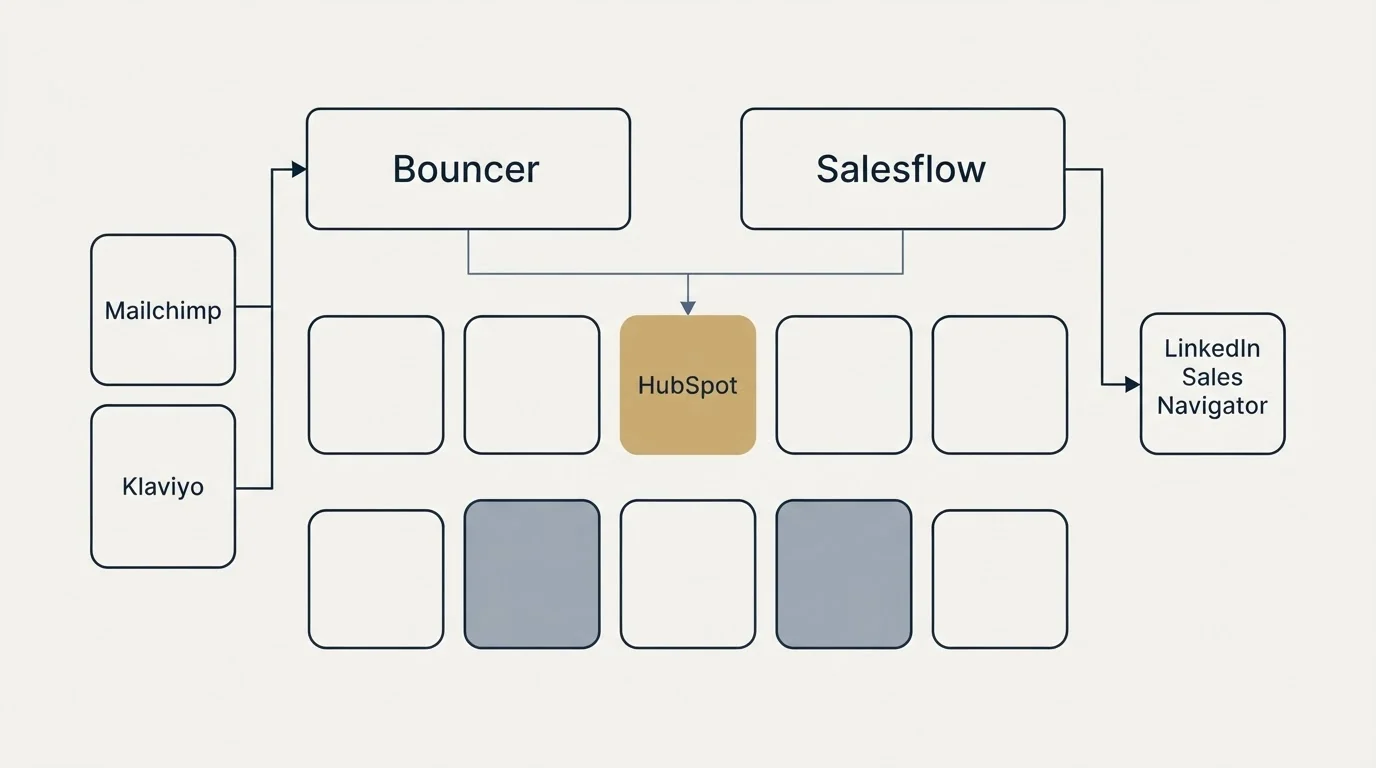 Integration grid: Integration Ecosystem (Bouncer, Salesflow, HubSpot, Mailchimp)