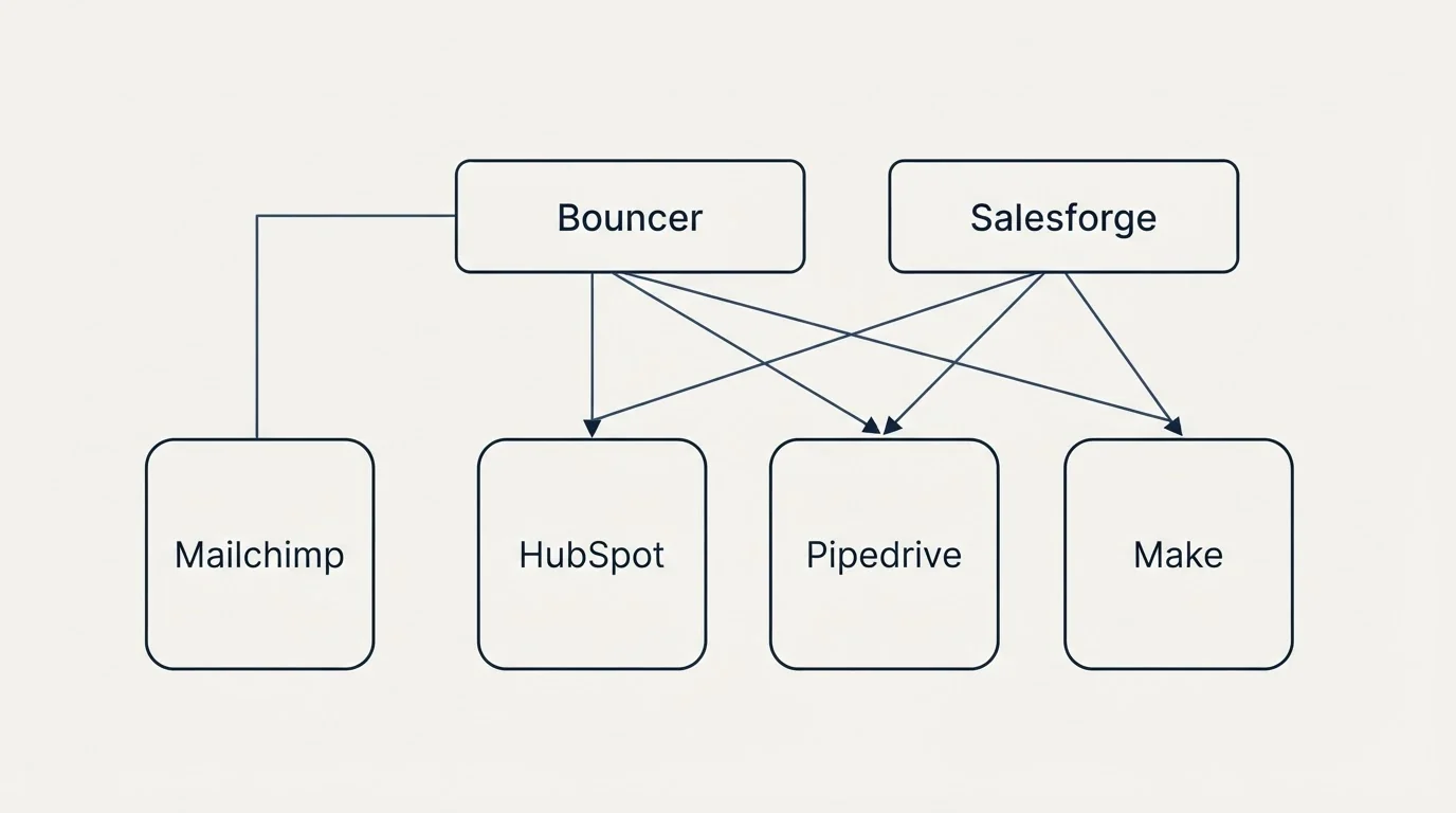 Integration grid: Integration Ecosystem (Bouncer, Salesforge, HubSpot, Pipedrive)