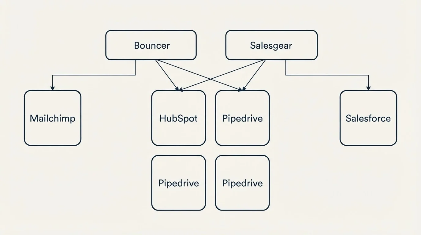 Integration grid: Integration Ecosystem (Bouncer, Salesgear, HubSpot, Pipedrive)