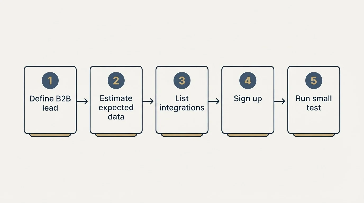 Step sequence: Getting Started Checklist (Define B2B lead, Estimate expected data, List integrations, Sign up)