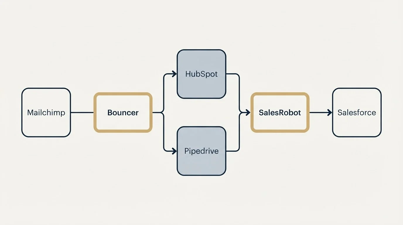Integration schematic: Integration Ecosystem (Bouncer, SalesRobot, HubSpot, Pipedrive)