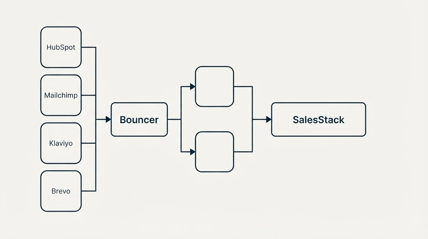 Integration flow: Integration Ecosystem (Bouncer, SalesStack, HubSpot, Mailchimp)