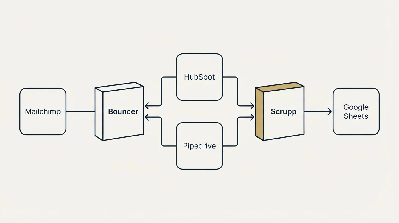 Integration flow: Integration Ecosystem (Bouncer, Scrupp, HubSpot, Pipedrive)