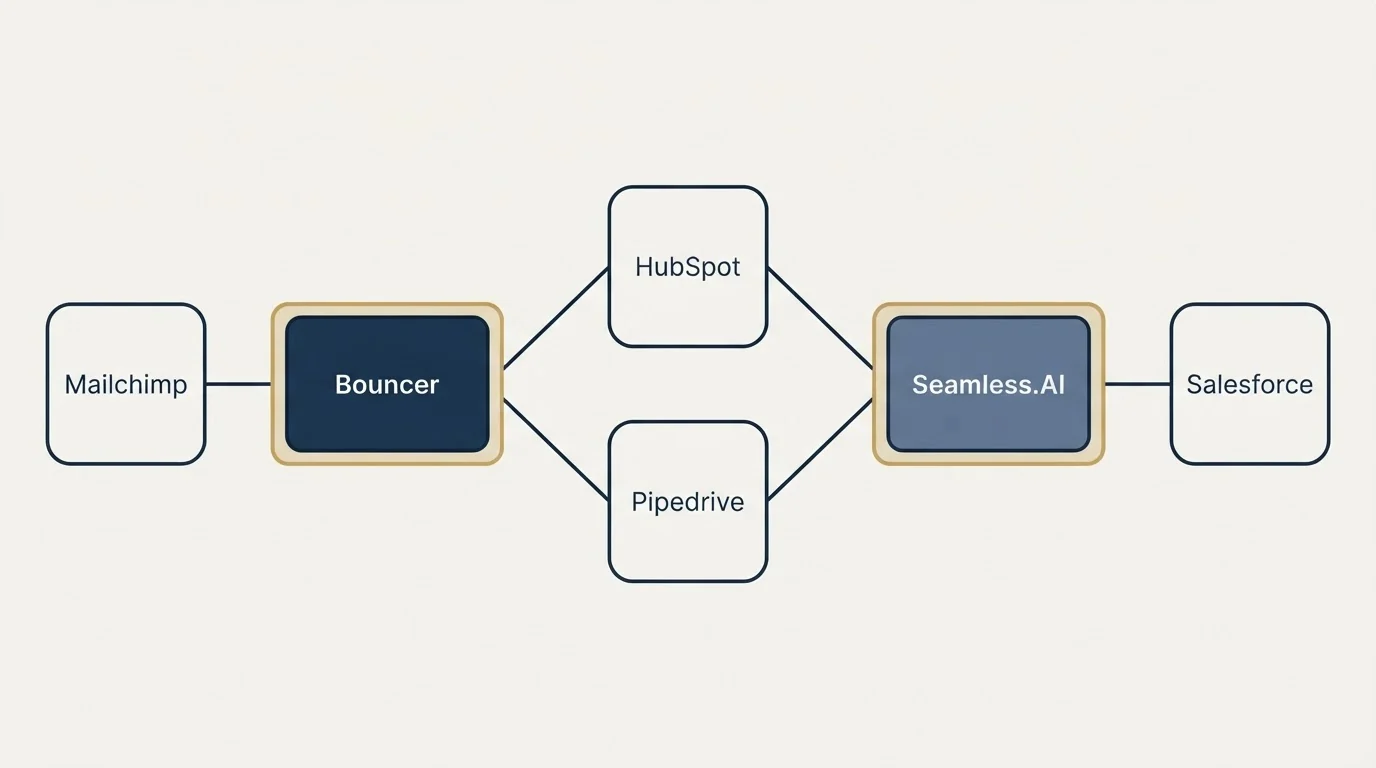 Integration schematic: Integration Ecosystem (Bouncer, Seamless.AI, HubSpot, Pipedrive)
