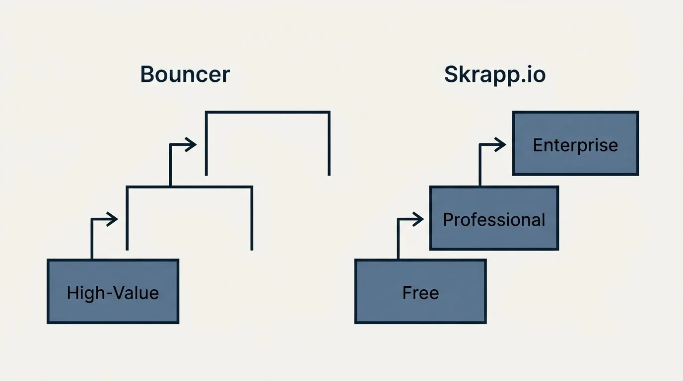 Pricing ladder: Pricing Comparison (Bouncer, Skrapp.io, High-Value, Free)