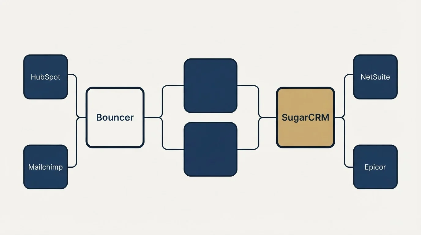 Integration schematic: Integration Ecosystem (Bouncer, SugarCRM, HubSpot, NetSuite)