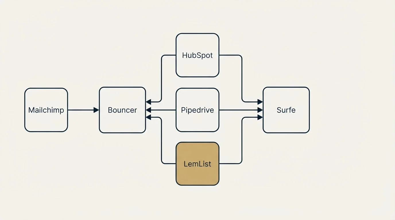 Integration flow: Integration Ecosystem (Bouncer, Surfe, HubSpot, Pipedrive)