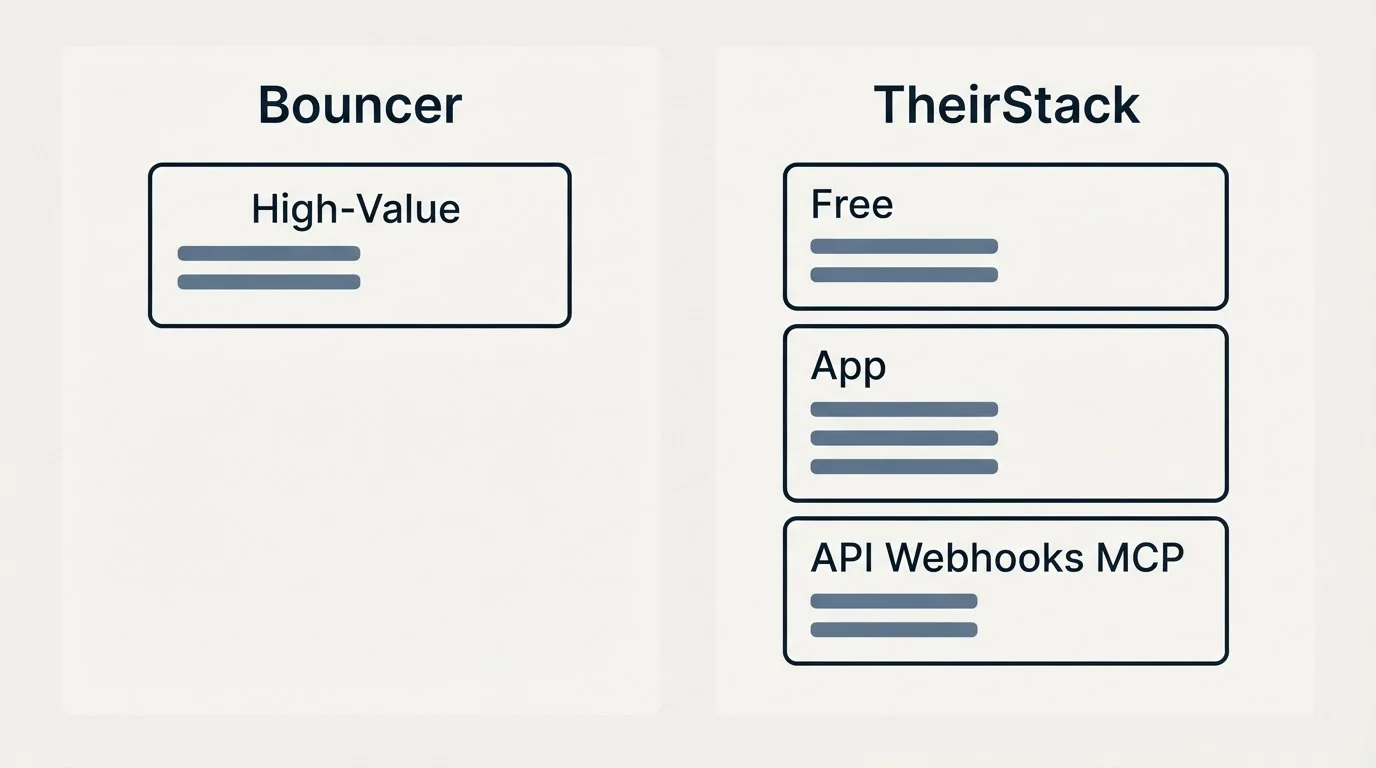 Pricing panels: Pricing Comparison (Bouncer, TheirStack, High-Value, Free)