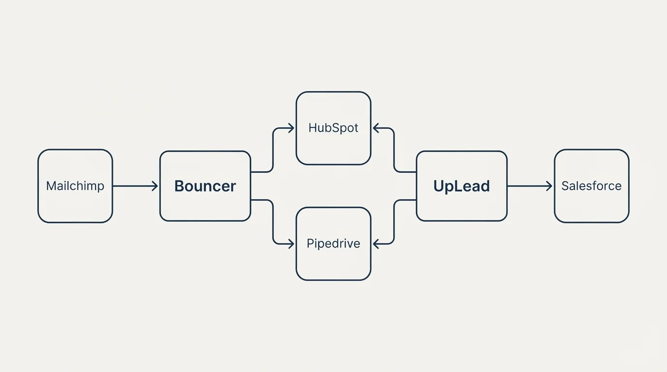 Integration schematic: Integration Ecosystem (Bouncer, UpLead, HubSpot, Pipedrive)