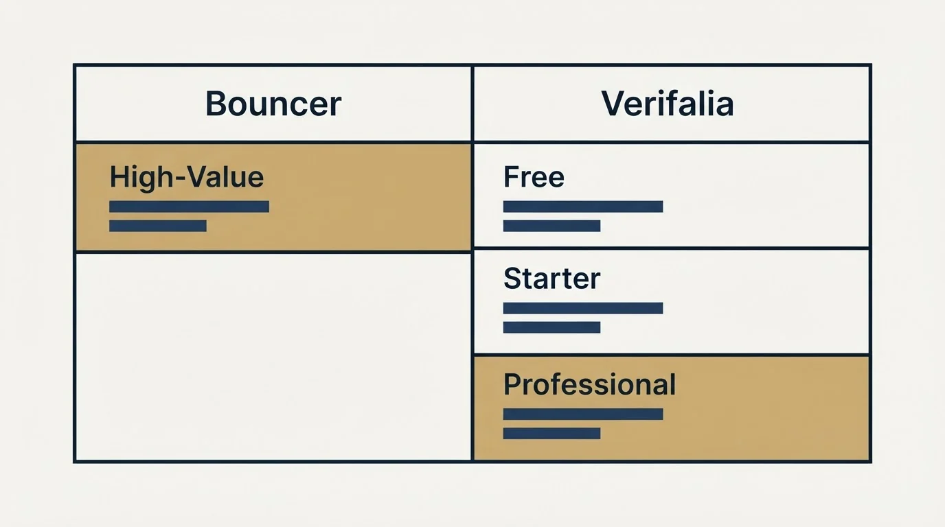 Pricing table: Pricing Comparison (Bouncer, Verifalia, High-Value, Free)