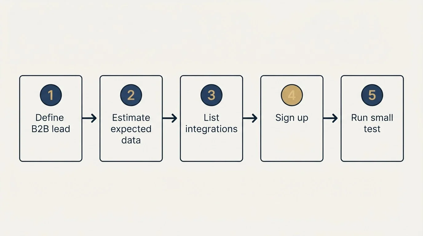 Step sequence: Getting Started Checklist (Define B2B lead, Estimate expected data, List integrations, Sign up)
