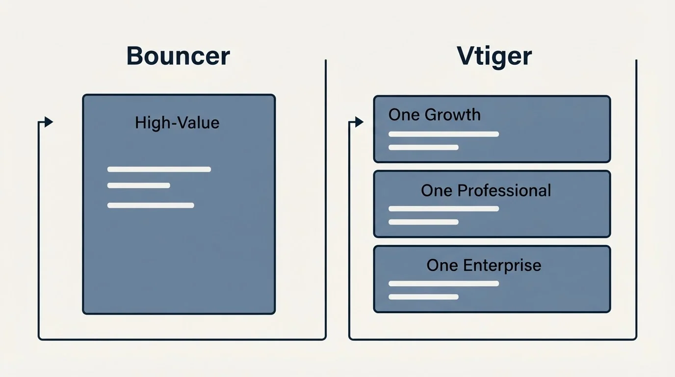 Pricing panels: Pricing Comparison (Bouncer, Vtiger, High-Value, One Growth)