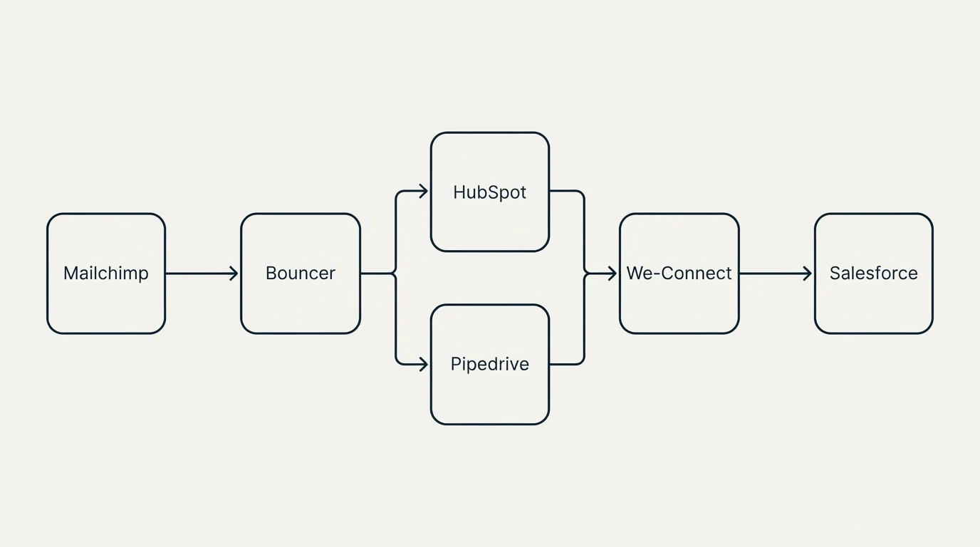 Integration flow: Integration Ecosystem (Bouncer, We-Connect, HubSpot, Pipedrive)