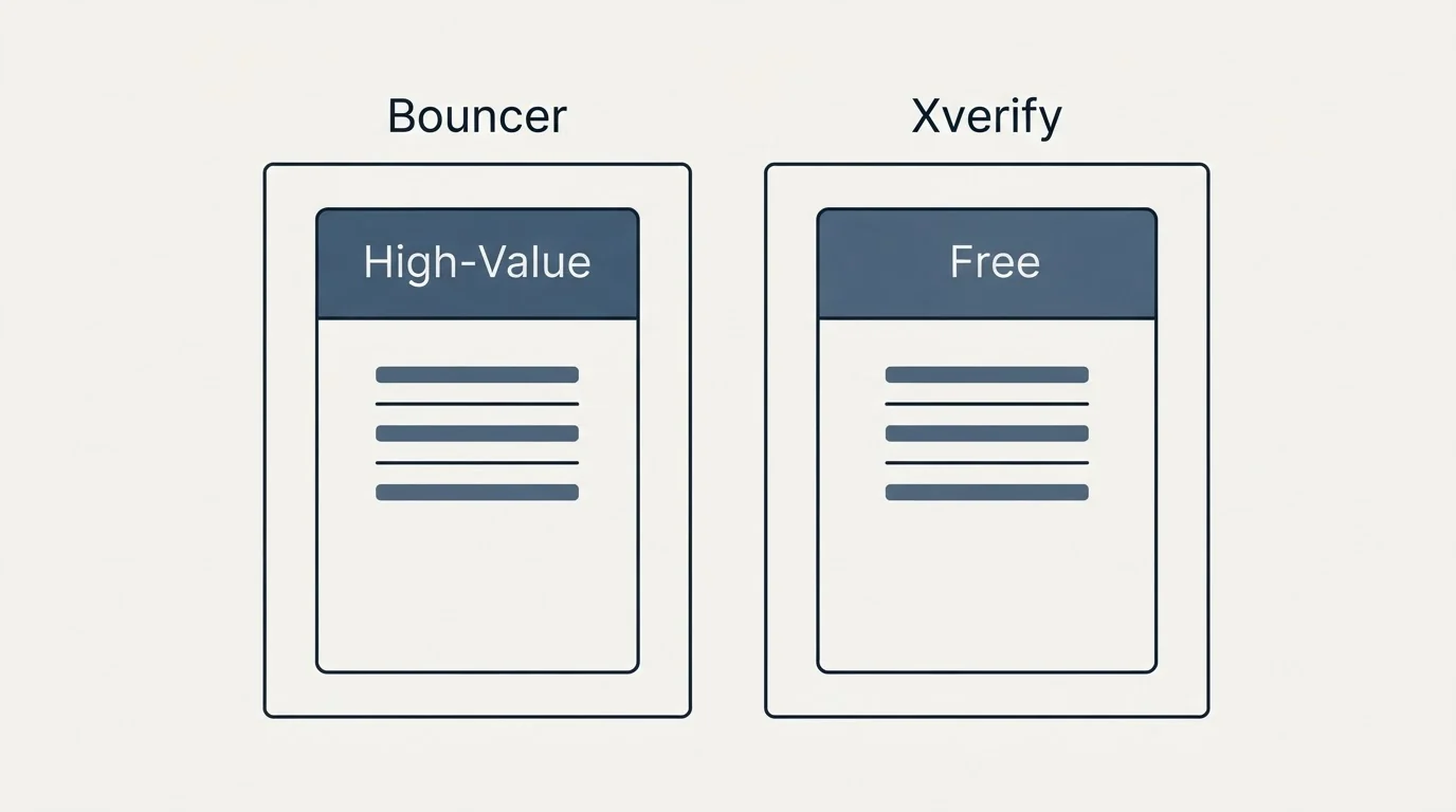 Pricing panels: Pricing Comparison (Bouncer, Xverify, High-Value, Free)