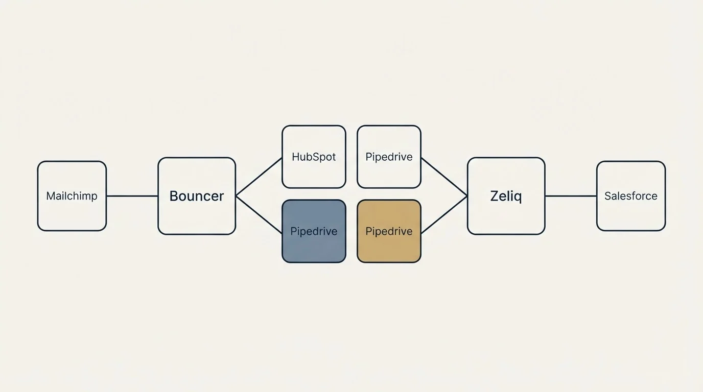 Integration schematic: Integration Ecosystem (Bouncer, Zeliq, HubSpot, Pipedrive)