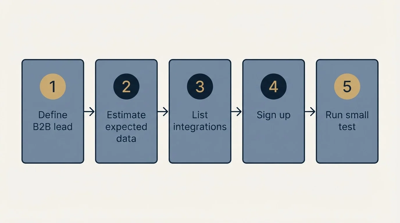 Step sequence: Getting Started Checklist (Define B2B lead, Estimate expected data, List integrations, Sign up)
