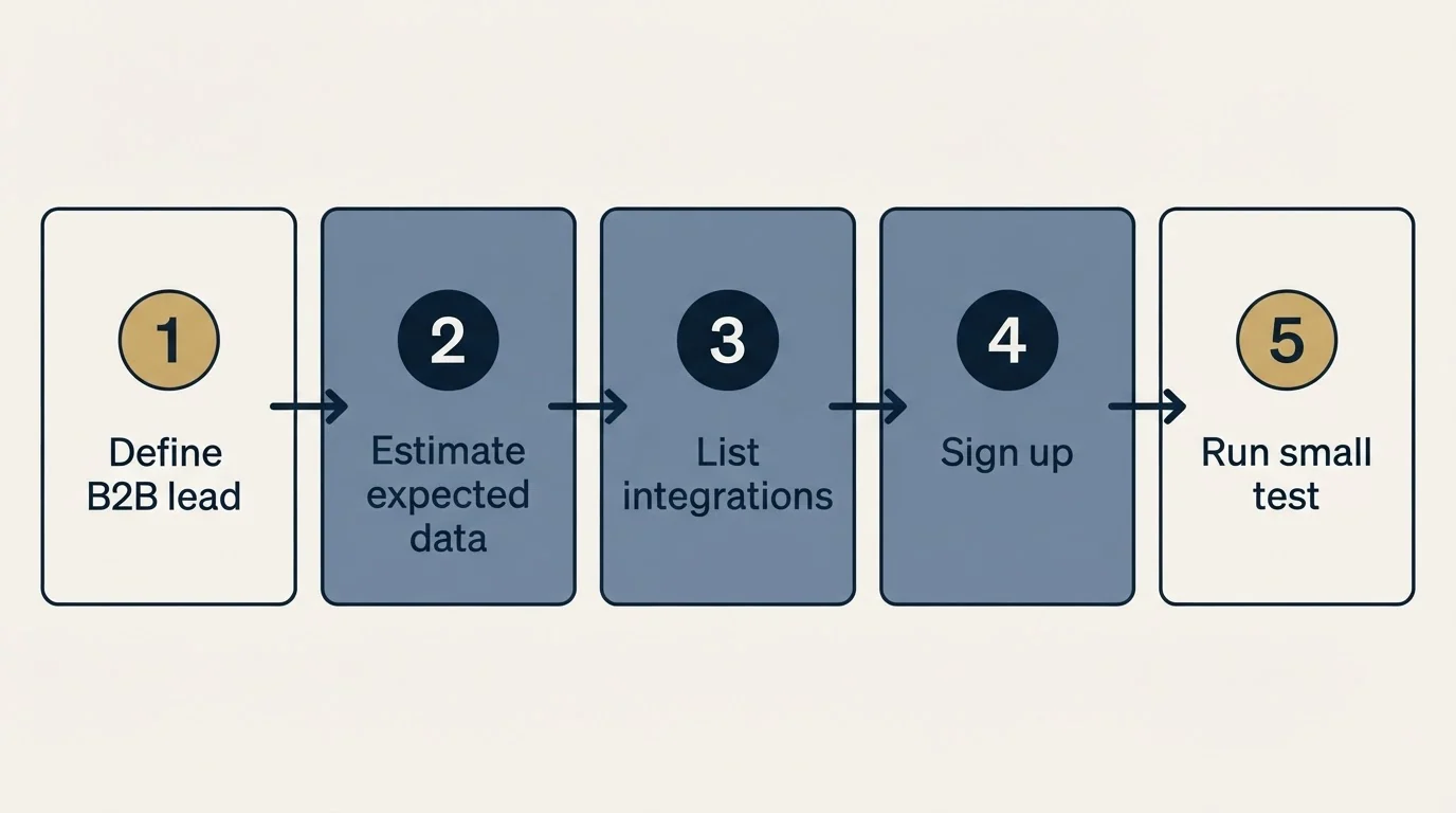 Step sequence: Getting Started Checklist (Define B2B lead, Estimate expected data, List integrations, Sign up)