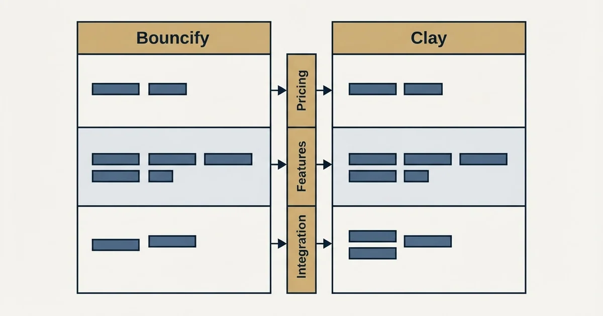 Comparison panel: Bouncify vs Clay (Pricing, Features, Integration)