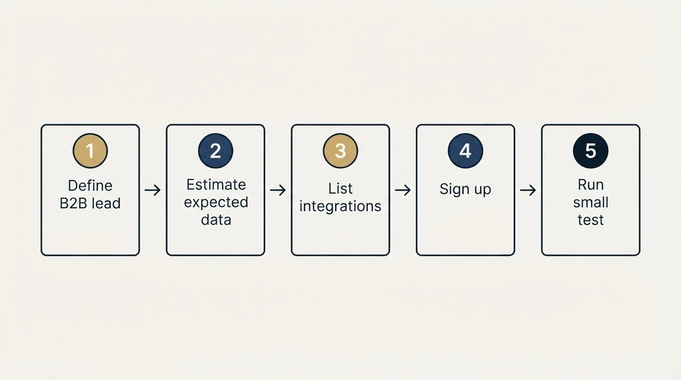 Step sequence: Getting Started Checklist (Define B2B lead, Estimate expected data, List integrations, Sign up)