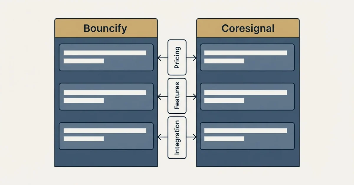 Comparison panel: Bouncify vs Coresignal (Pricing, Features, Integration)