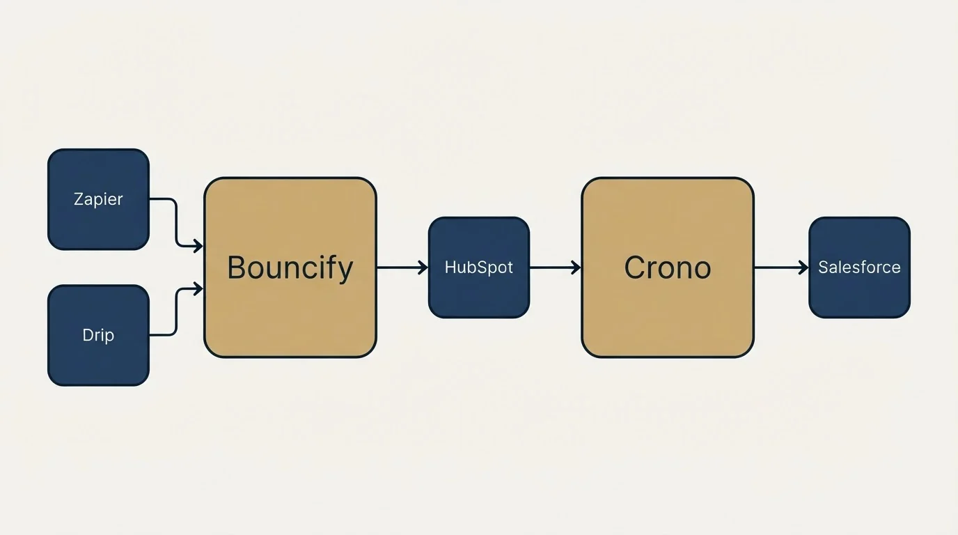 Integration schematic: Integration Ecosystem (Bouncify, Crono, HubSpot, Zapier)