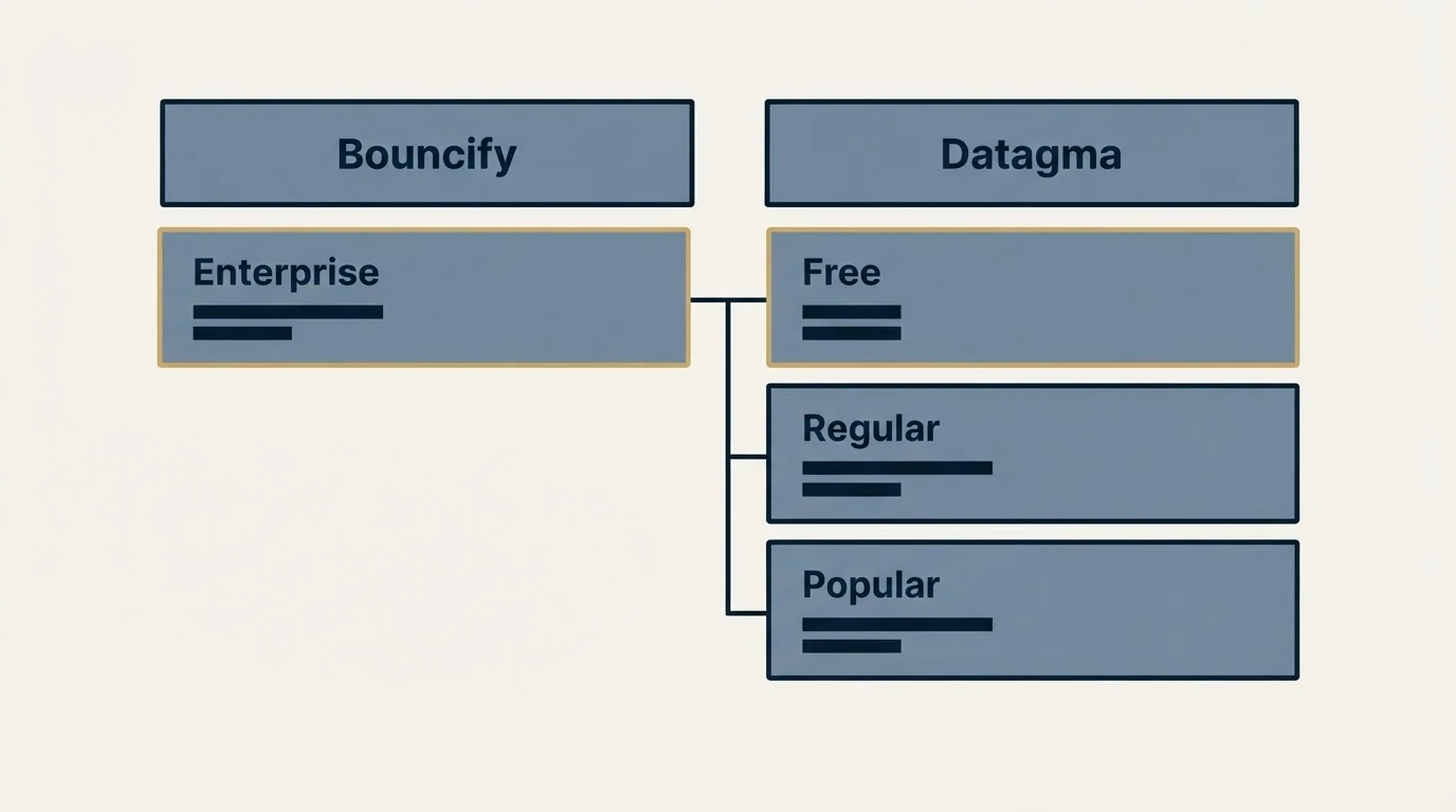 Pricing table: Pricing Comparison (Bouncify, Datagma, Enterprise, Free)
