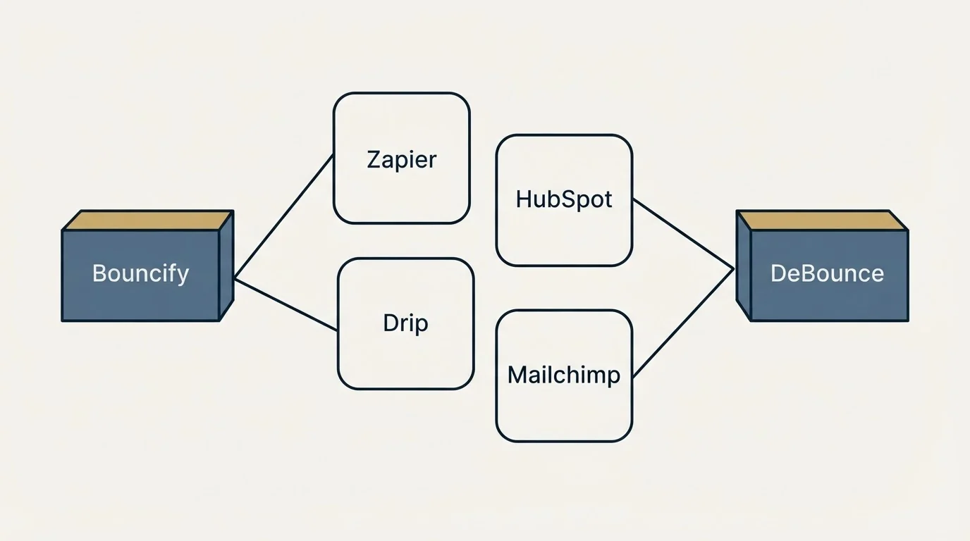 Integration schematic: Integration Ecosystem (Bouncify, DeBounce, Zapier, HubSpot)