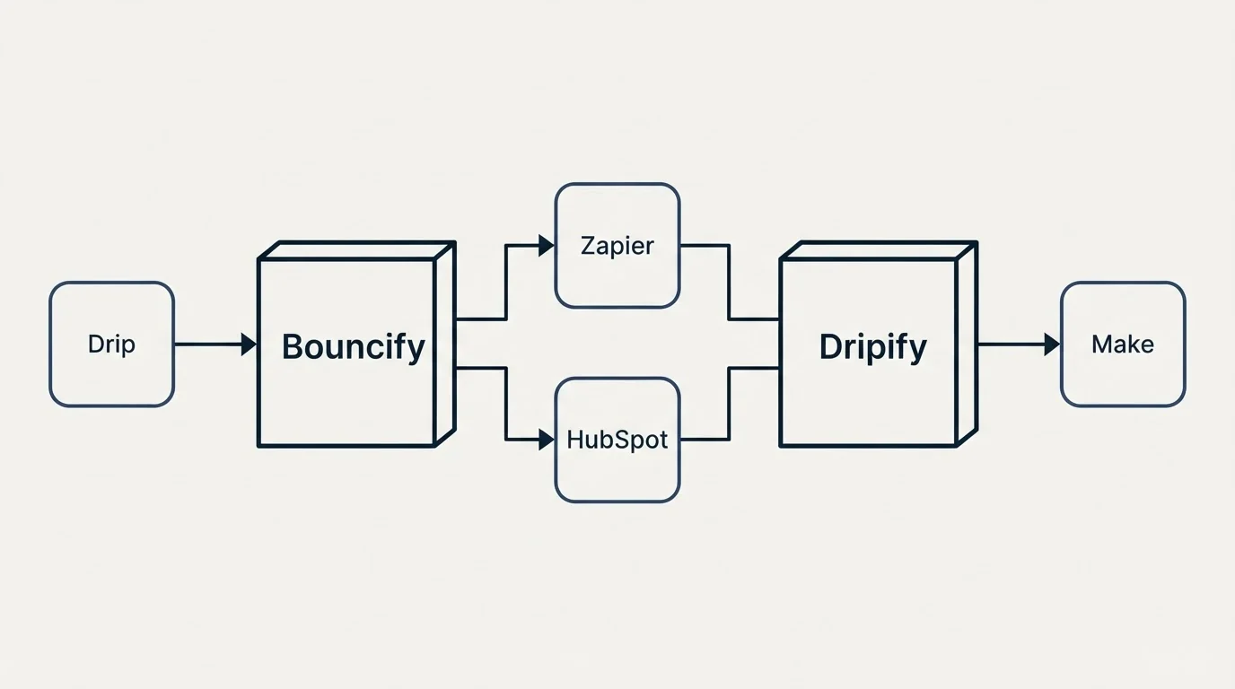 Integration flow: Integration Ecosystem (Bouncify, Dripify, Zapier, HubSpot)