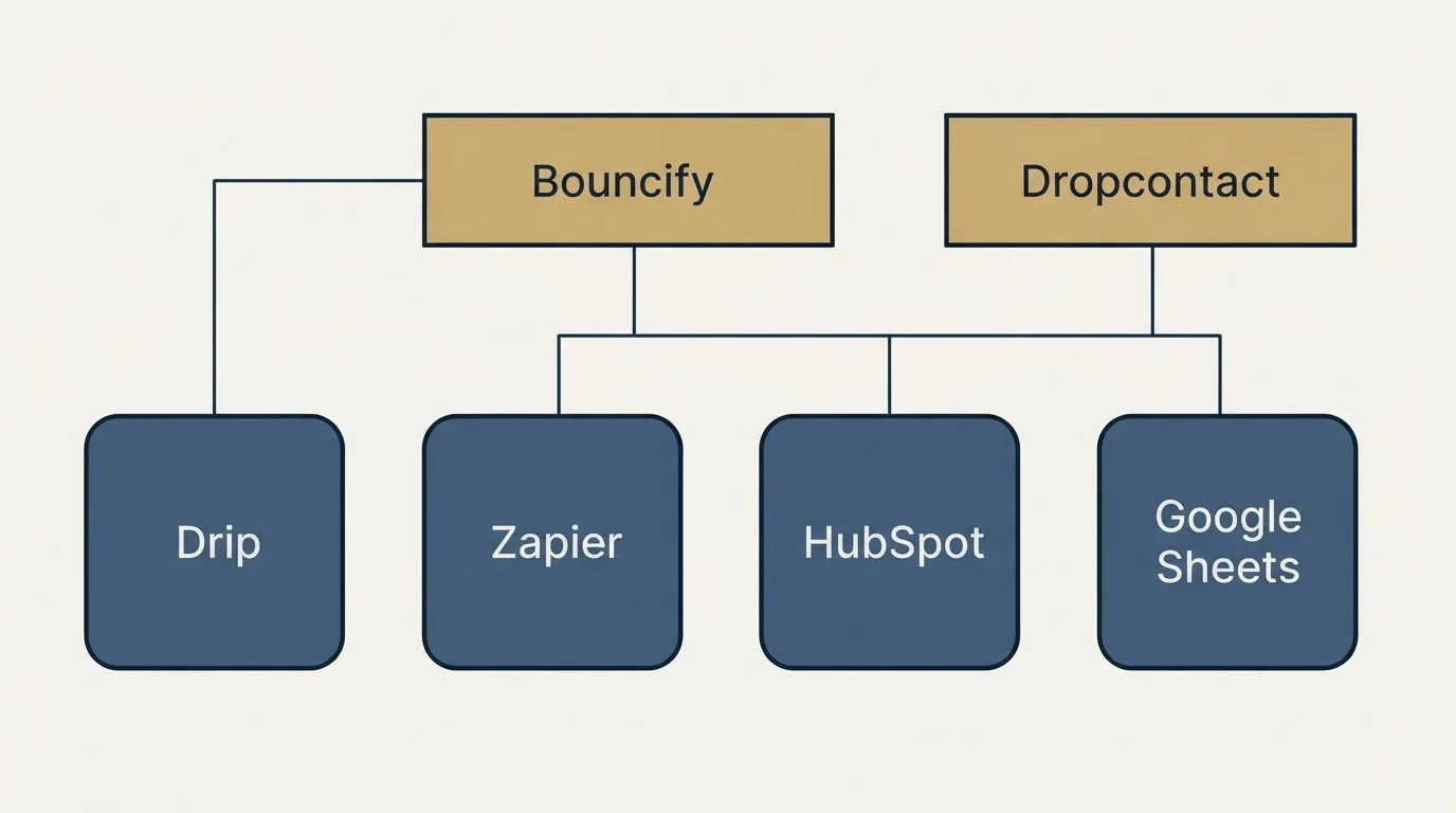 Integration grid: Integration Ecosystem (Bouncify, Dropcontact, Zapier, HubSpot)