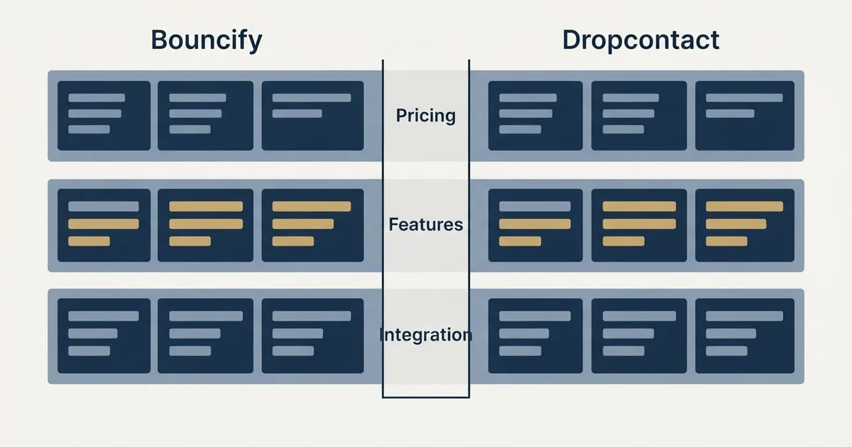Comparison panel: Bouncify vs Dropcontact (Pricing, Features, Integration)