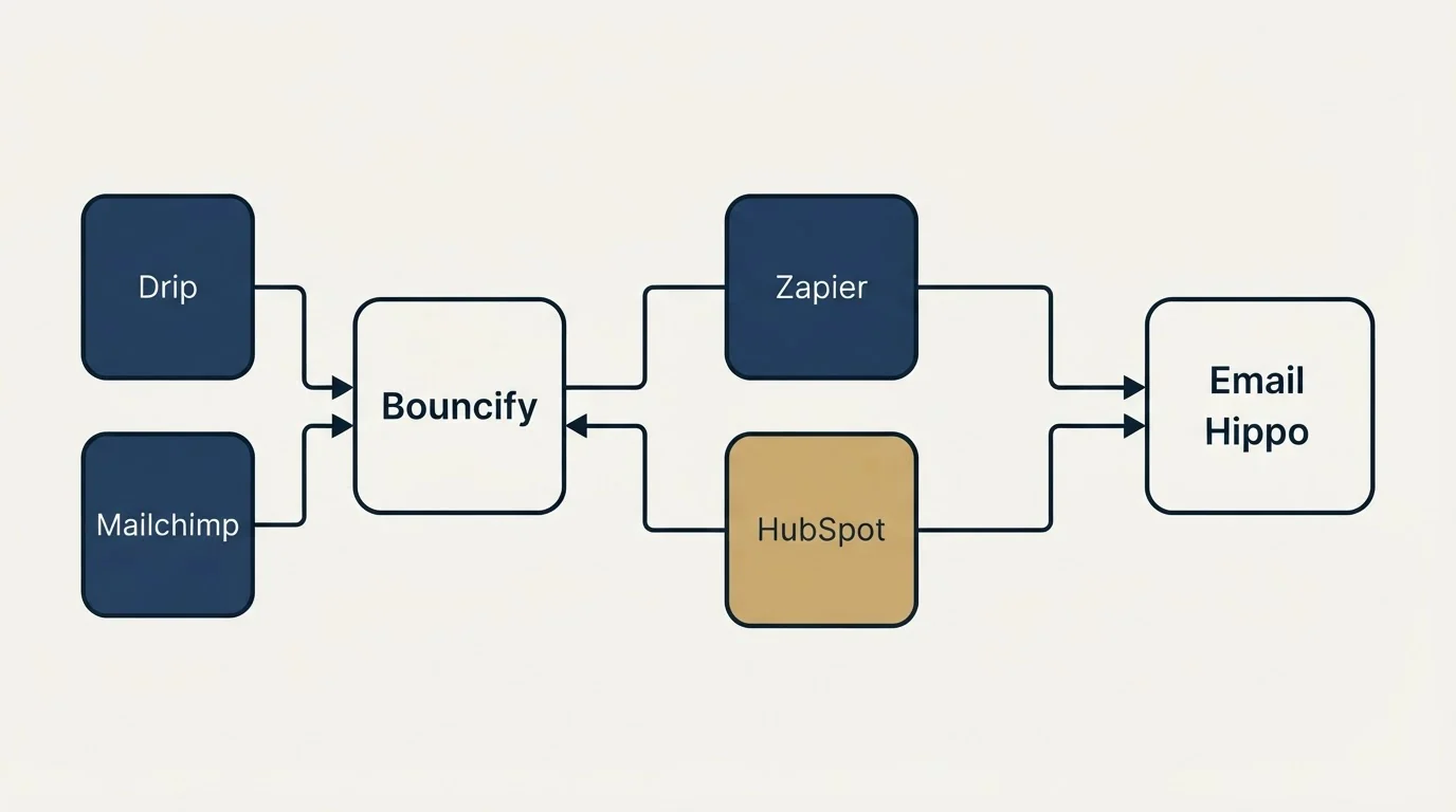 Integration schematic: Integration Ecosystem (Bouncify, Email Hippo, Zapier, HubSpot)