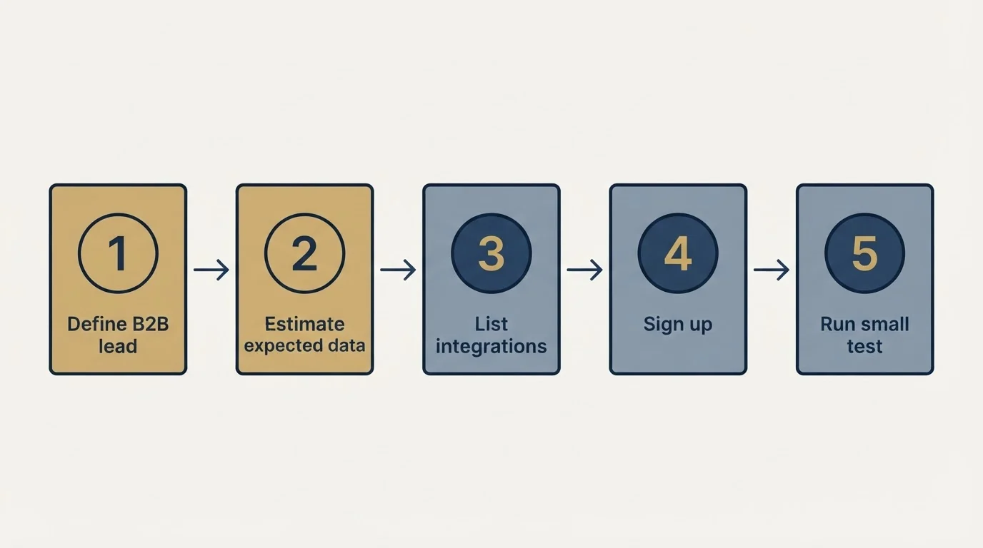 Step sequence: Getting Started Checklist (Define B2B lead, Estimate expected data, List integrations, Sign up)