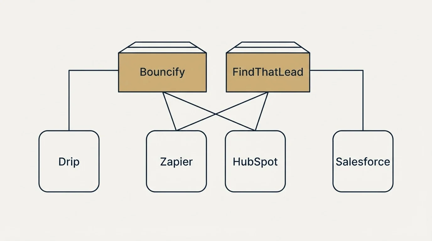 Integration grid: Integration Ecosystem (Bouncify, FindThatLead, Zapier, HubSpot)