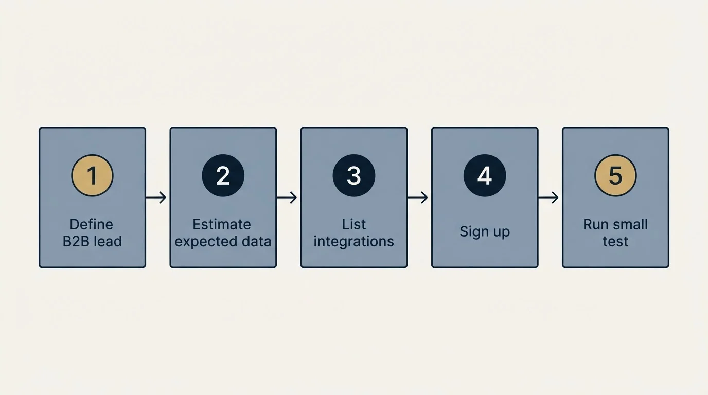 Step sequence: Getting Started Checklist (Define B2B lead, Estimate expected data, List integrations, Sign up)
