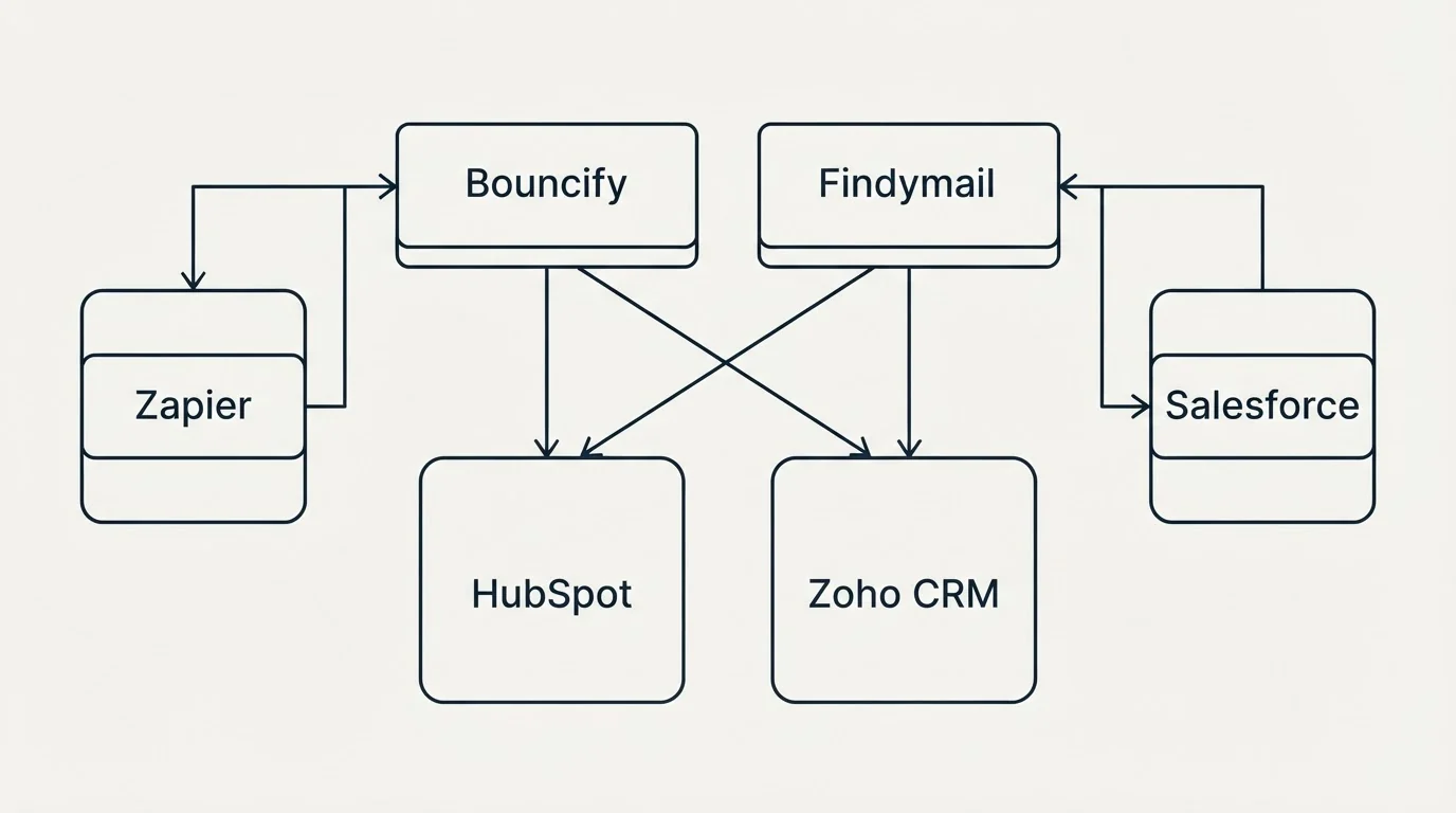 Integration grid: Integration Ecosystem (Bouncify, Findymail, HubSpot, Zoho CRM)