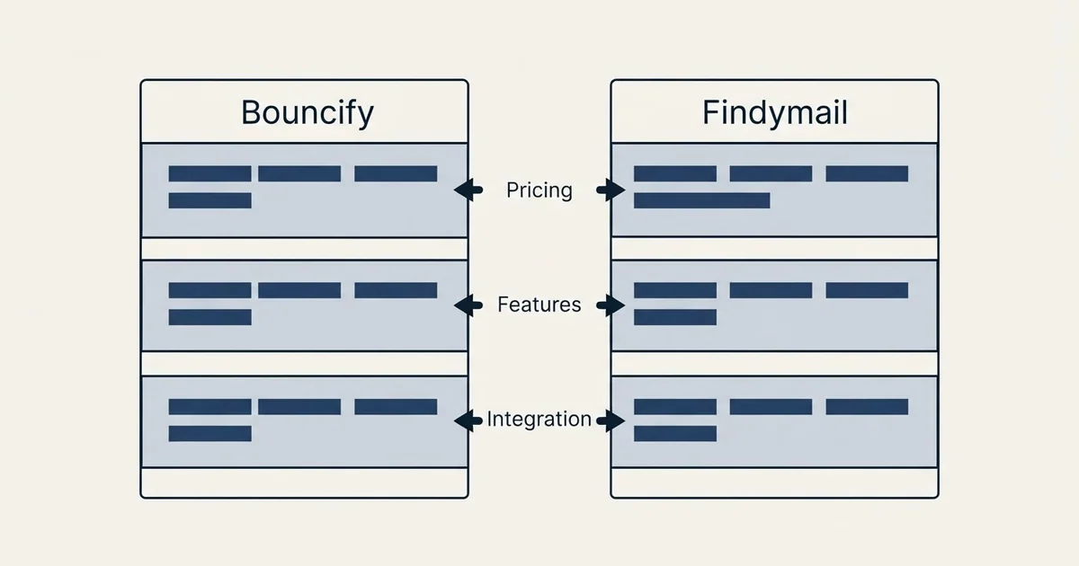 Comparison panel: Bouncify vs Findymail (Pricing, Features, Integration)